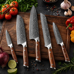 5 Piece Damascus Steel Kitchen Knife Set – Professional Chef Knives with Desert Iron Wood Handles, Luxury Cooking Gift Set