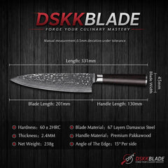 8 Inch Damascus Chef Knife, 67 Layer Steel, Ebony Wood Handle, Professional Kitchen Tool