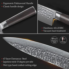5 Piece Damascus Kitchen Knife Set, 67 Layer Chef Knife, Pakka Wood Handles