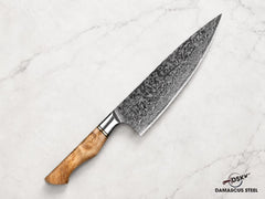 8.3 Inch Damascus Chef Knife, 67 Layer Japanese Steel, Figured Sycamore Wood Handle