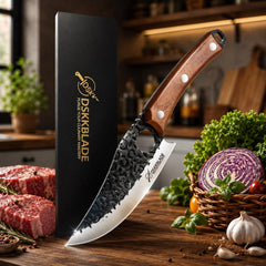 9.5” Japanese Hand Forged Chef Knife | Carbon Steel Damascus Kitchen Knife | Ebony Wood Handle | Ultra Sharp Professional Cooking