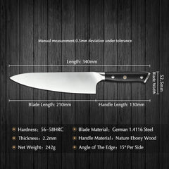 B13 Stainless 8 Inch Chef Knife, German 1.4116 Steel, Having Nature Ebony Wood Handle