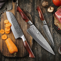 B30R 3pcs Knife Set, 73 layers Damascus steel with Powder Steel Having Nature Rosewood Handle