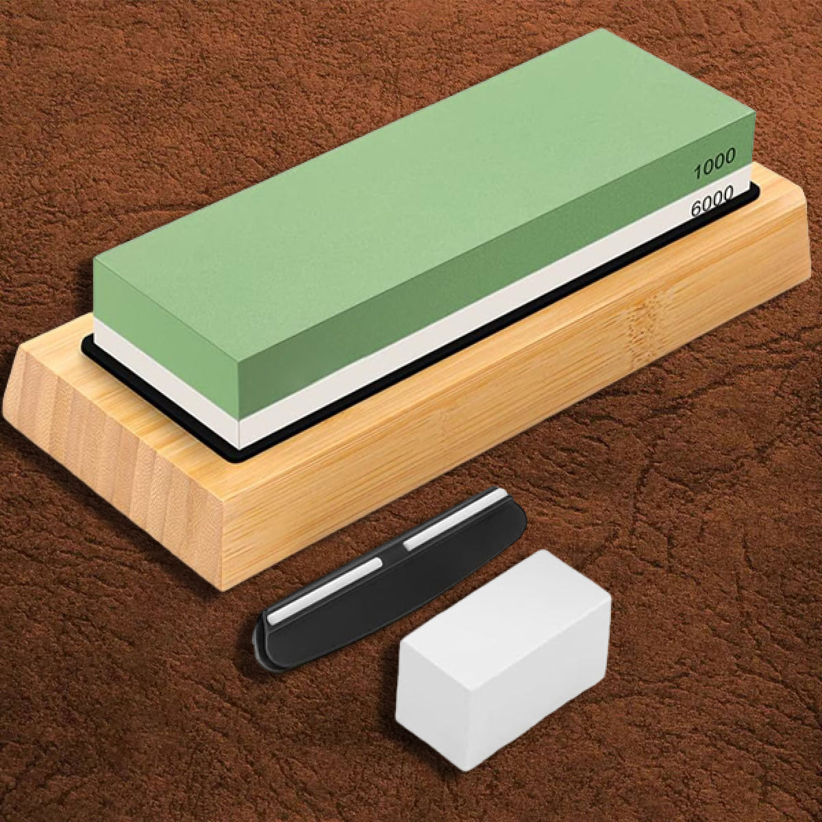Premium Green Whetstone 1000/6000 Grit with Bamboo Base and Angle Guide – Dual-Sided Sharpening Stone for Professional Knife Honing and Polishing