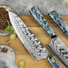 DMS-262 Set of 9 Damascus Chef Knives Having +45 Layers Blade and Abalone Handle