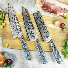 DMS-262 Set of 9 Damascus Chef Knives Having +45 Layers Blade and Abalone Handle