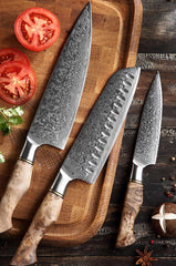 B30 3pcs Damascus Knife Set, 1 Pc 8 Inch Chef Knife, 1 Pc 7 Inch Santoku Knife, 1 Pc 5 Inch Utility Knife  Having Figured Sycamore Wood Handle