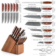 Blade Born Series 15 Pcs Damascus Steel Damascus Knife Set with Triple Rivets Handle