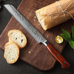 Batonnet Series 8 inch Damascus Steel Bread Knife Having Nature Rosewood Handle