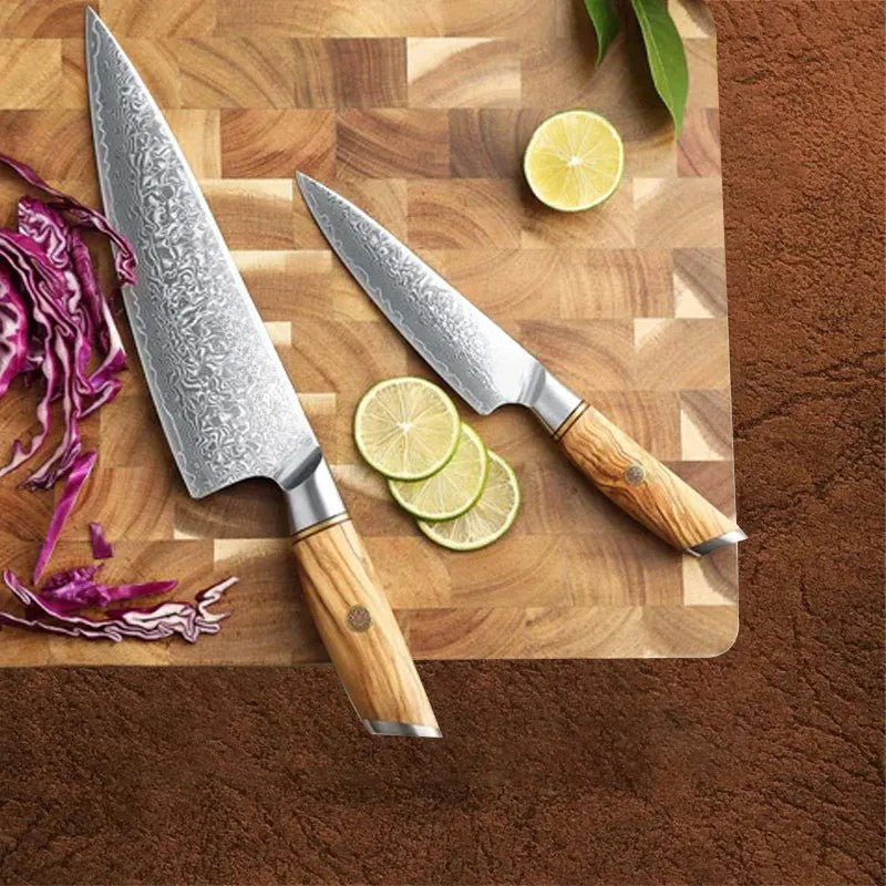 Blaze Series 2pcs Damascus Steel Knife Set Having Olive Wood Handle