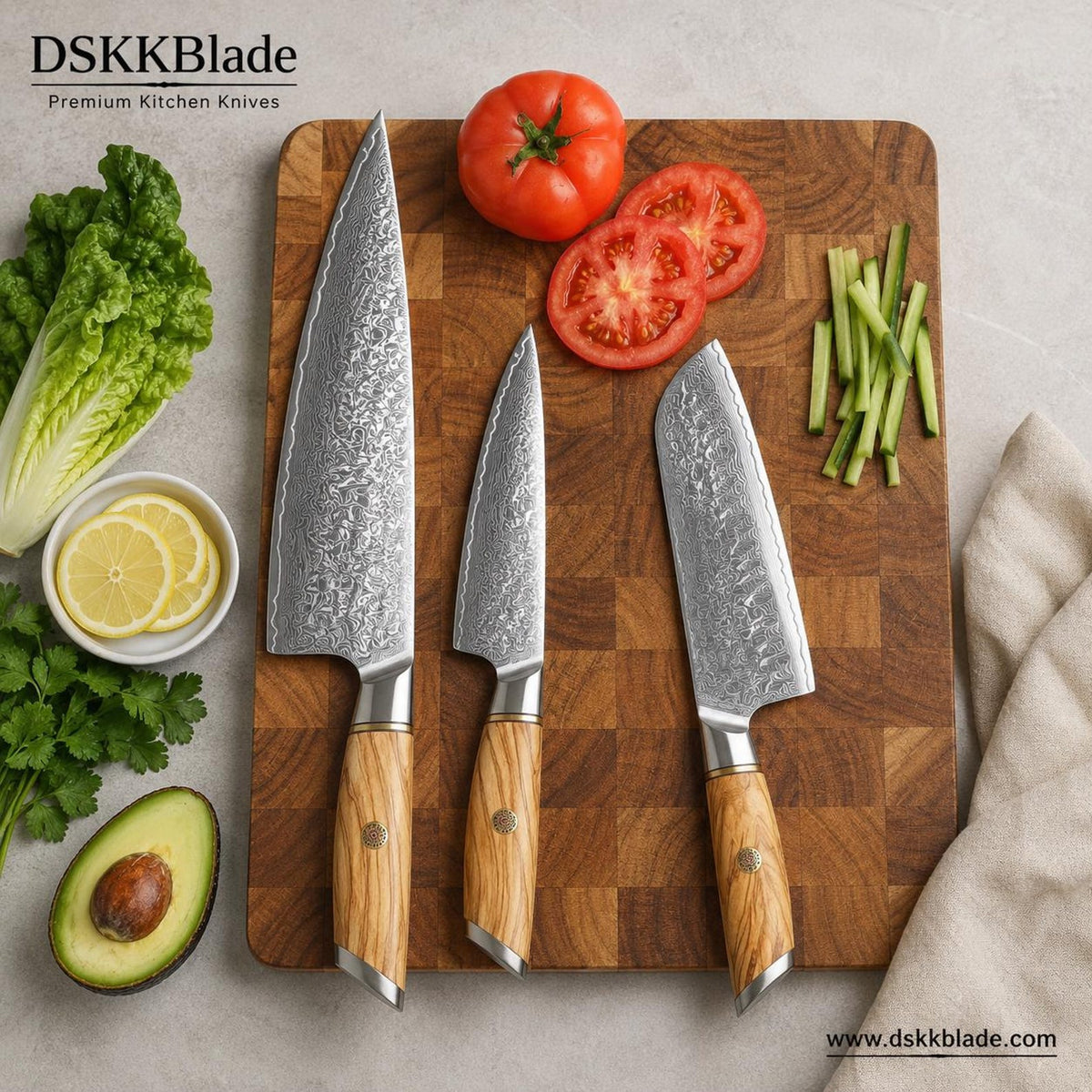 Blaze Series 3pcs Damascus Steel Knife Set Having Olive Wood Handle