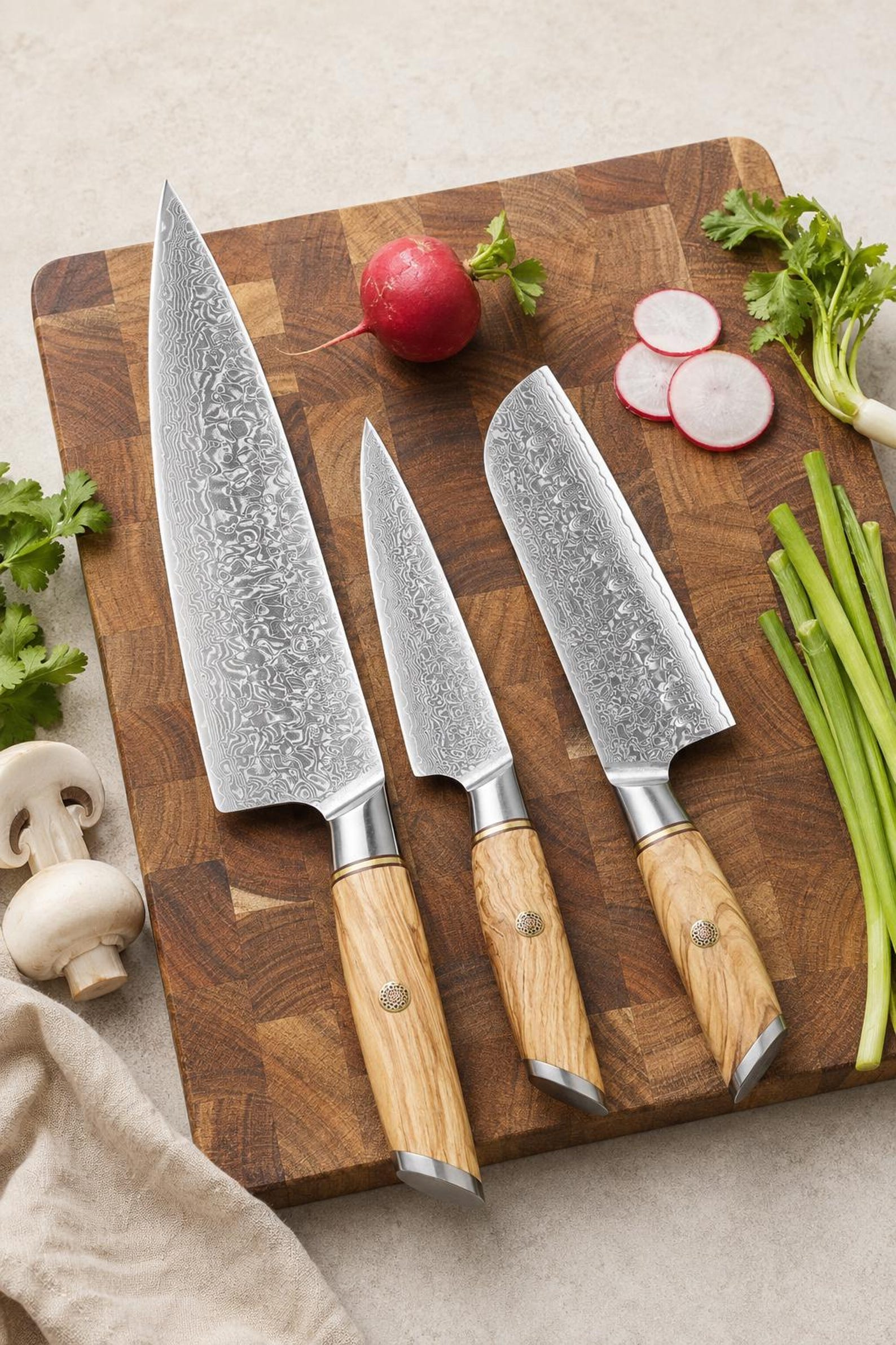 Blaze Series 3pcs Damascus Steel Knife Set Having Olive Wood Handle