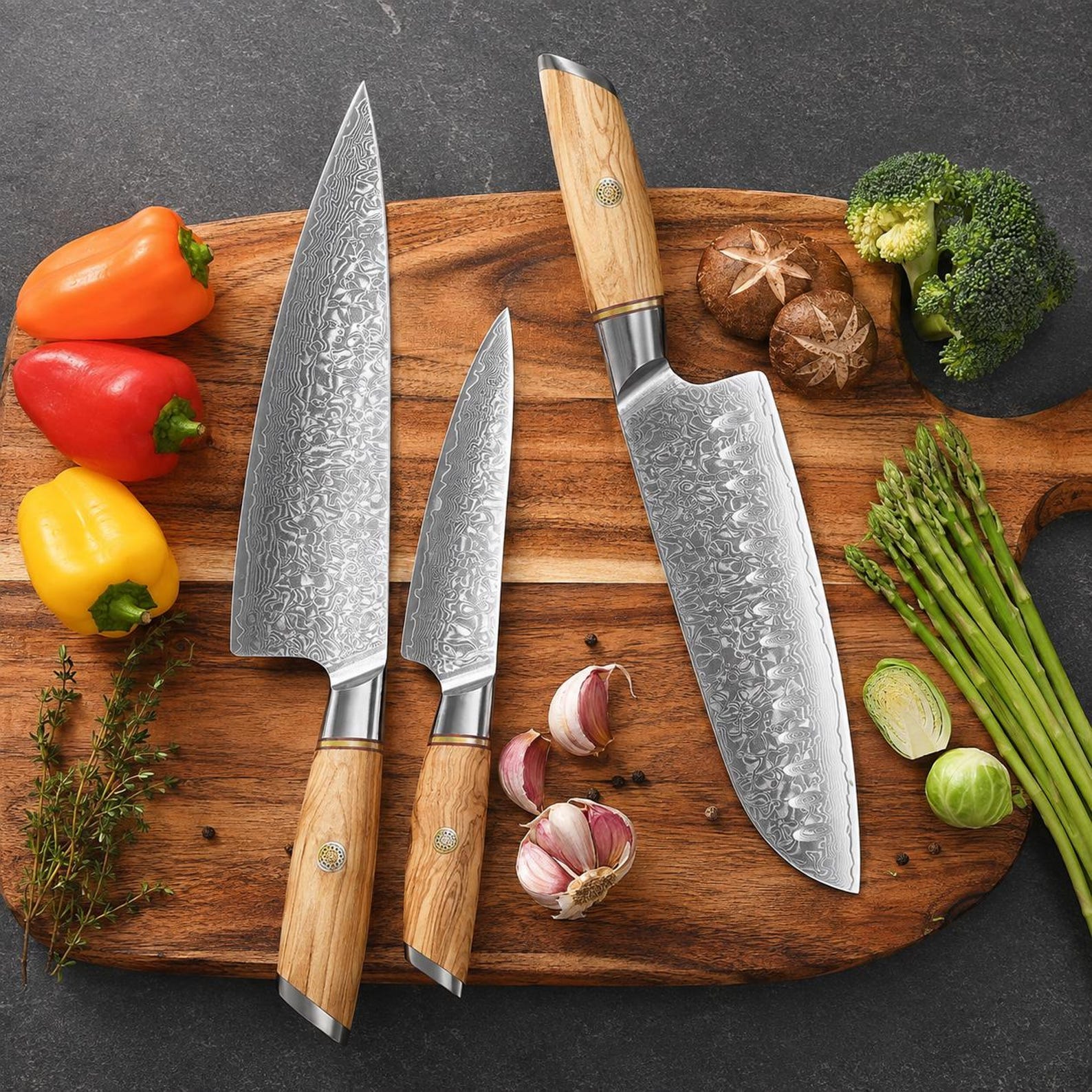 Blaze Series 3pcs Damascus Steel Knife Set Having Olive Wood Handle