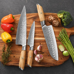 Blaze Series 3pcs Damascus Steel Knife Set Having Olive Wood Handle
