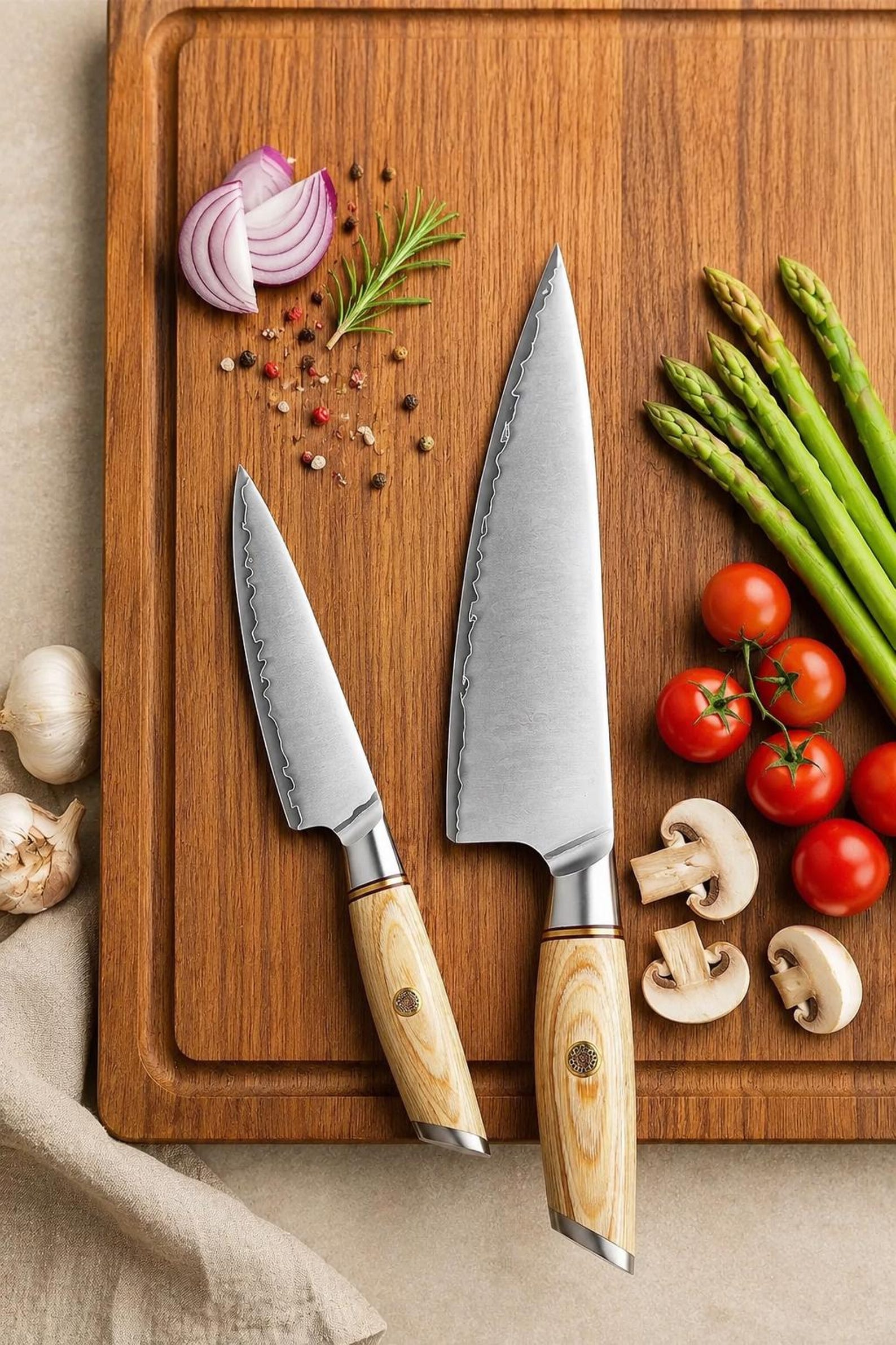 2 Piece Kitchen Knife Set, 10Cr15CoMoV Chef & Paring Knives, Pakka Wood Handle, Stainless Steel Kitchen Gift Set