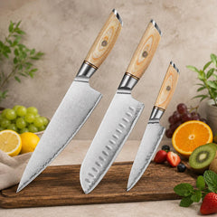 Blissful Edge Series 3pcs Damascus Steel Chef, Santoku And Utility Knife Set