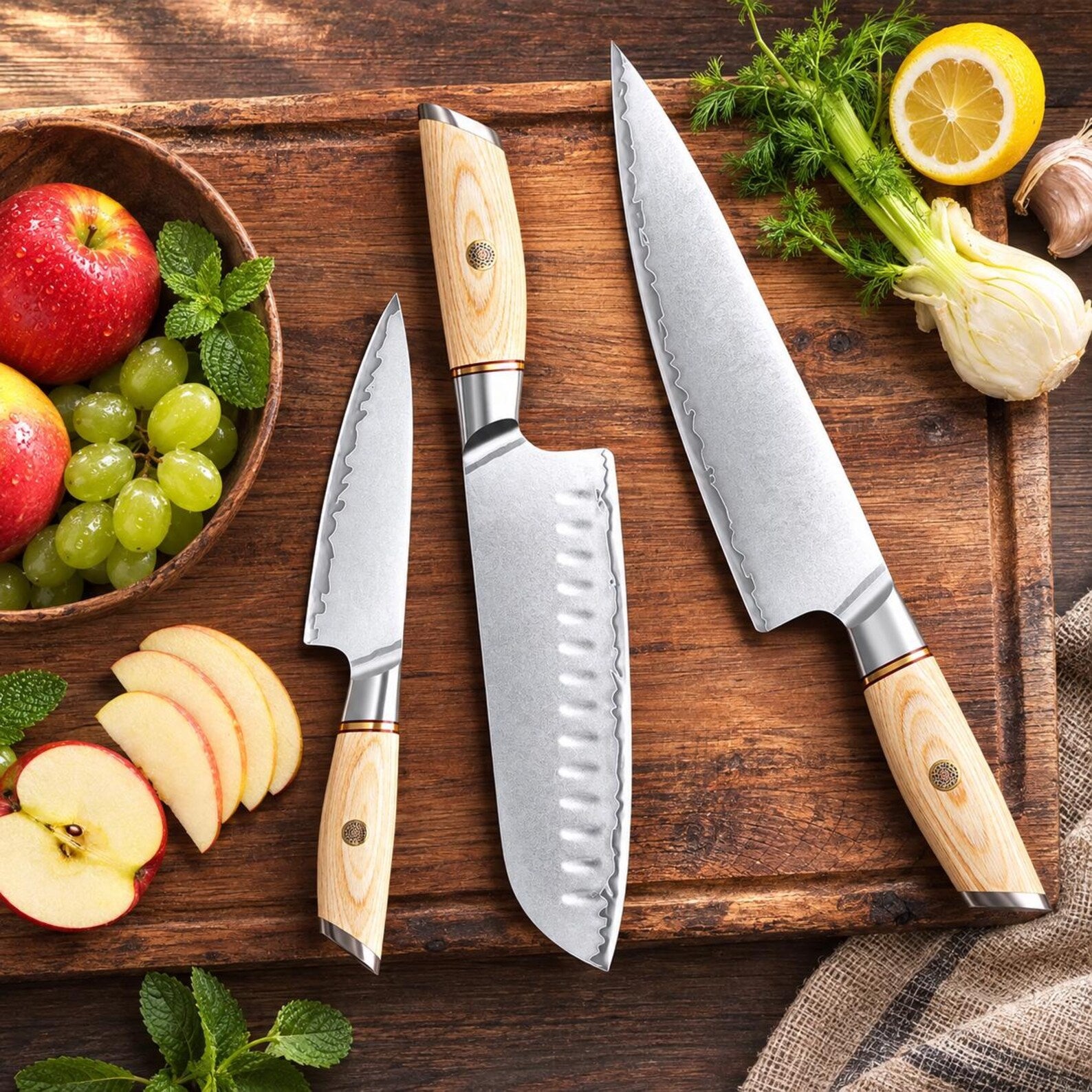 Blissful Edge Series 3pcs Damascus Steel Chef, Santoku And Utility Knife Set