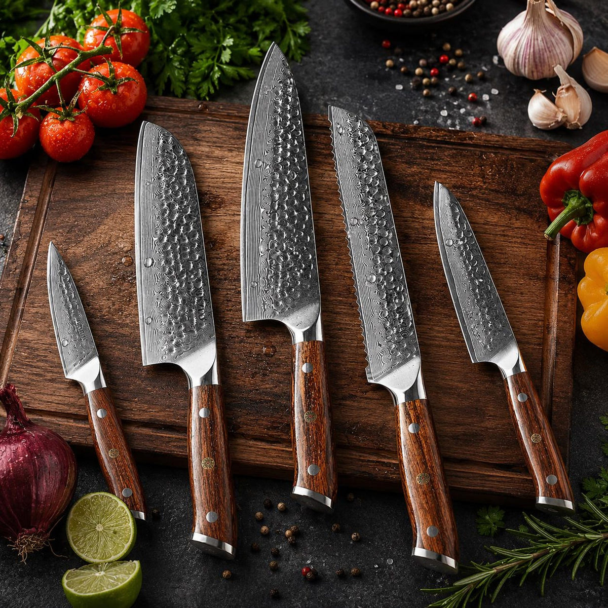 5 Piece Damascus Steel Kitchen Knife Set – Professional Chef Knives with Desert Iron Wood Handles, Luxury Cooking Gift Set