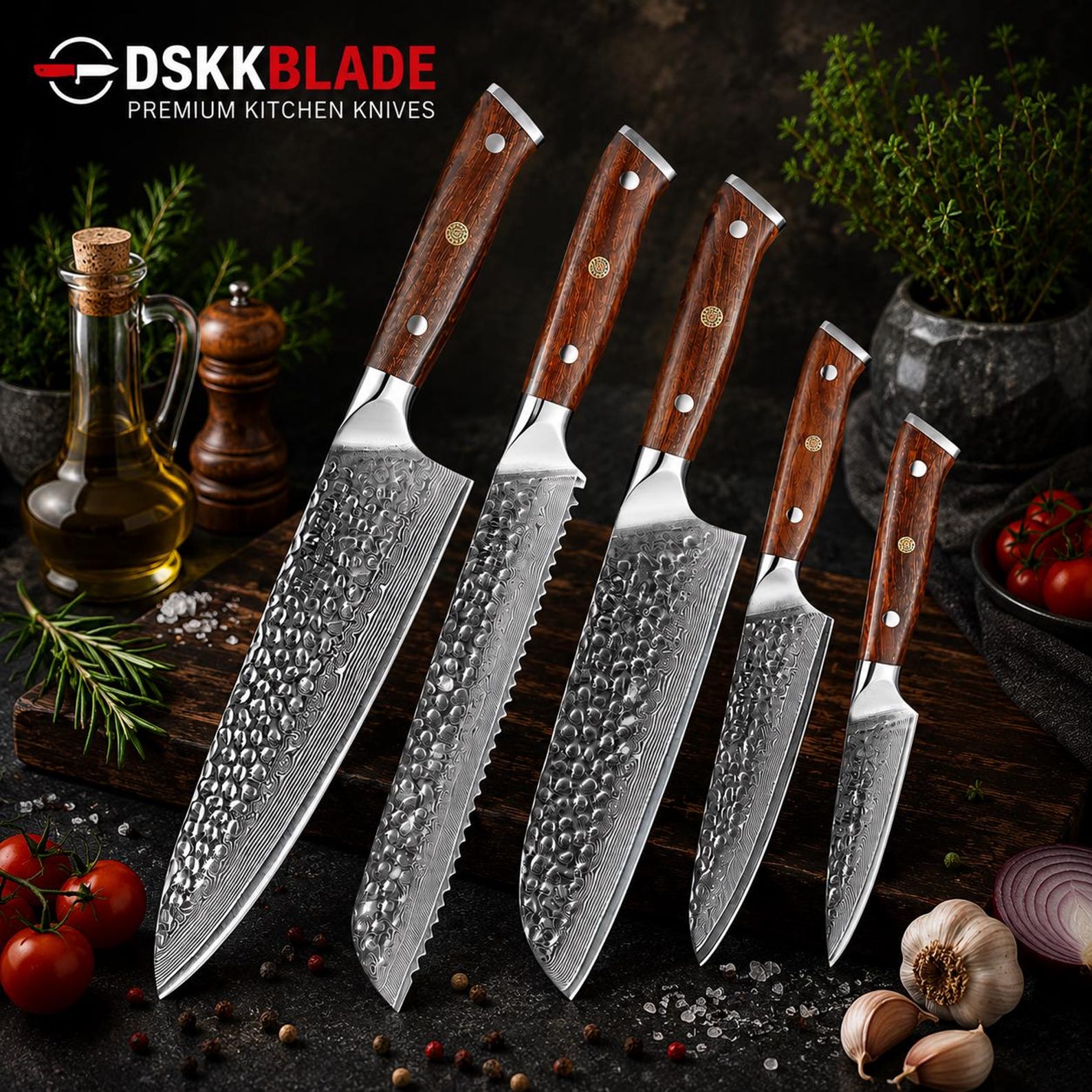 5 Piece Damascus Steel Kitchen Knife Set – Professional Chef Knives with Desert Iron Wood Handles, Luxury Cooking Gift Set