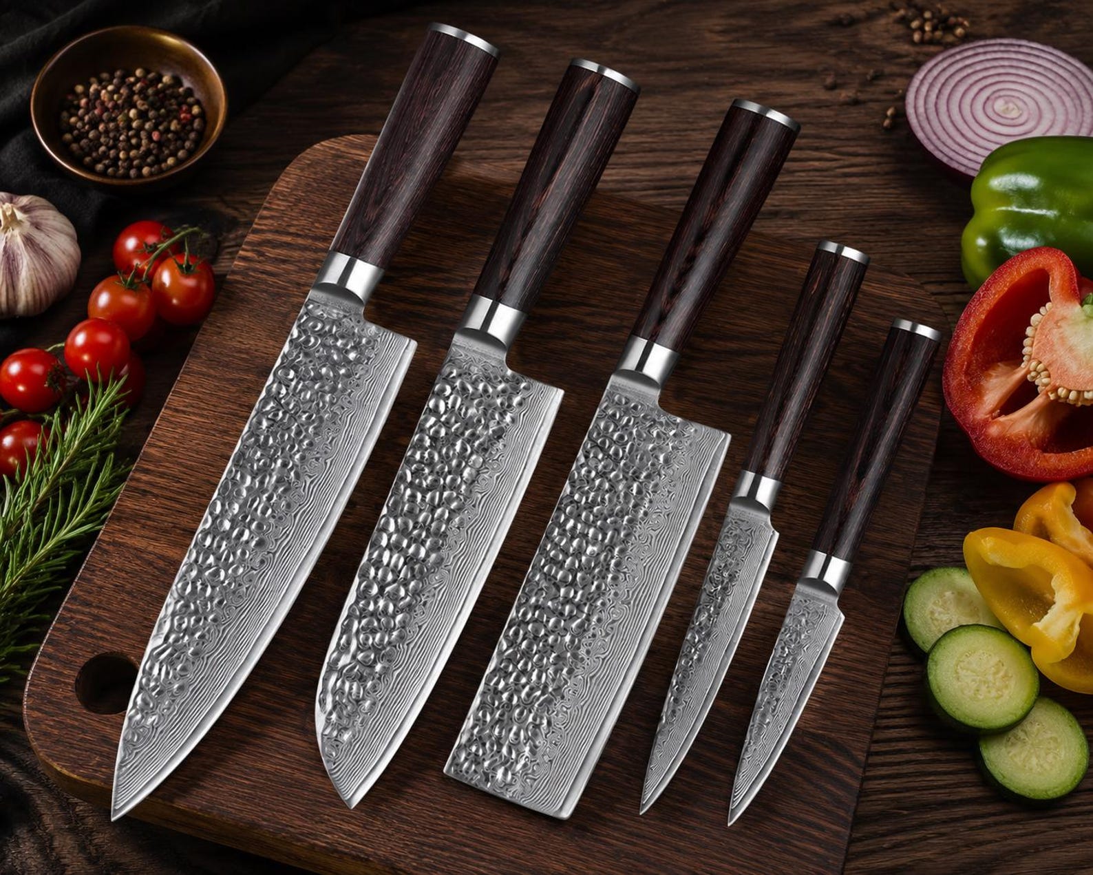 5 Piece Damascus Knife Set, 67 Layer Japanese Chef Knives, Hammered Steel Kitchen Knife, Pakkawood Handle, Gift Box