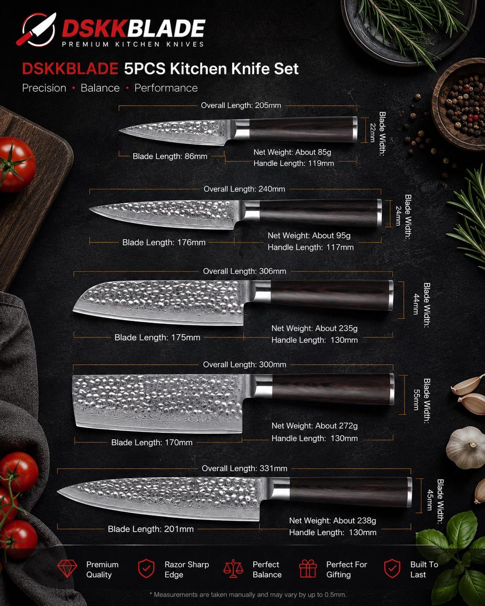 5 Piece Damascus Knife Set, 67 Layer Japanese Chef Knives, Hammered Steel Kitchen Knife, Pakkawood Handle, Gift Box