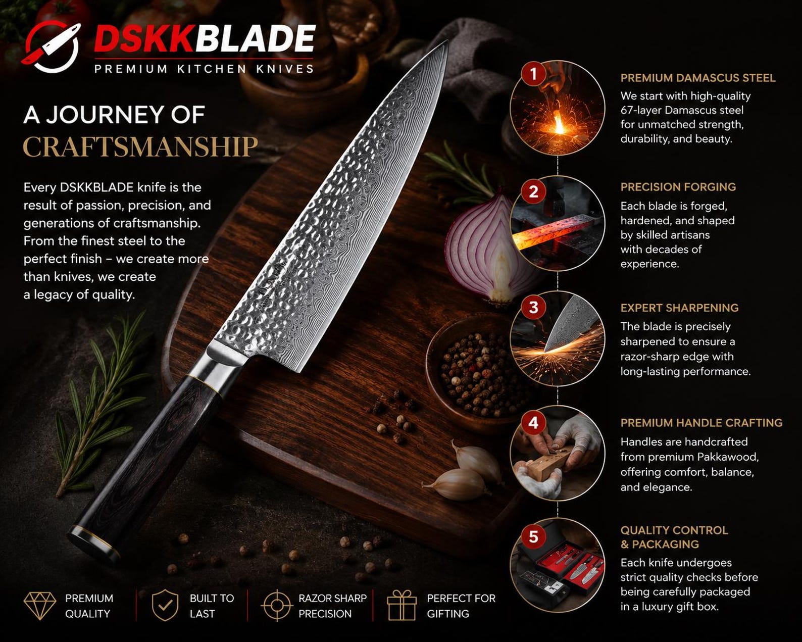 5 Piece Damascus Knife Set, 67 Layer Japanese Chef Knives, Hammered Steel Kitchen Knife, Pakkawood Handle, Gift Box
