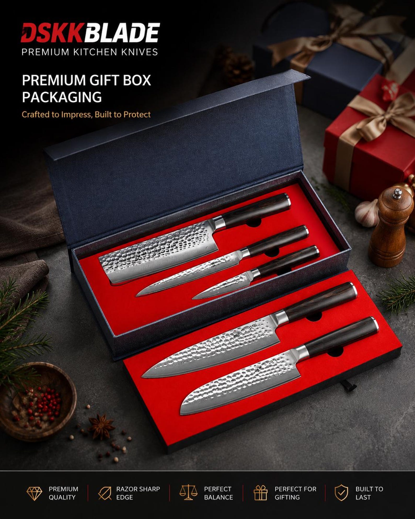 5 Piece Damascus Knife Set, 67 Layer Japanese Chef Knives, Hammered Steel Kitchen Knife, Pakkawood Handle, Gift Box