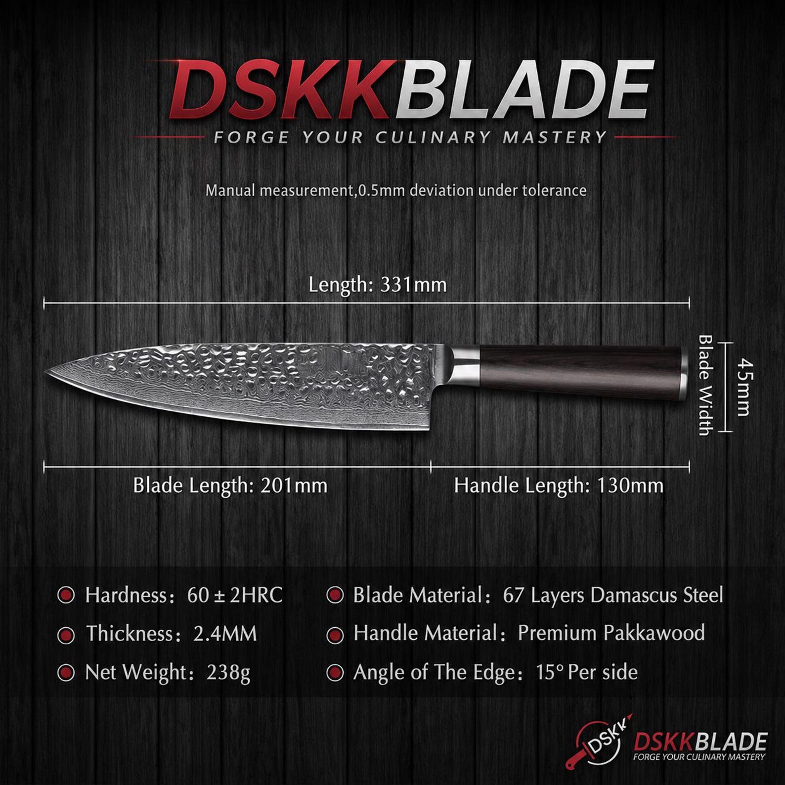 8 Inch Damascus Chef Knife, 67 Layer Steel, Ebony Wood Handle, Professional Kitchen Tool