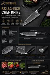 67-Layer Damascus Chef Knife, Black G10 Handle, Kitchen Knife (Gift Box)
