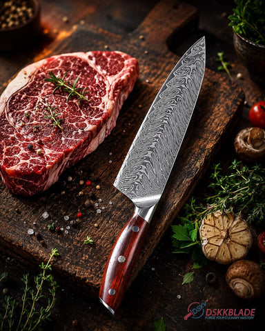 8.5 Inch Damascus Chef Knife, 67-Layer Steel Blade, Triple-Rivet Rosewood Handle, Gift Box