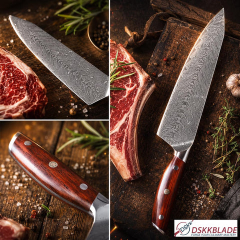 8.5 Inch Damascus Chef Knife, 67-Layer Steel Blade, Triple-Rivet Rosewood Handle, Gift Box
