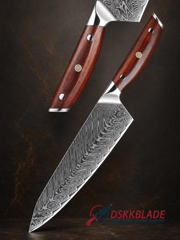 8.5 Inch Damascus Chef Knife, 67-Layer Steel Blade, Triple-Rivet Rosewood Handle, Gift Box
