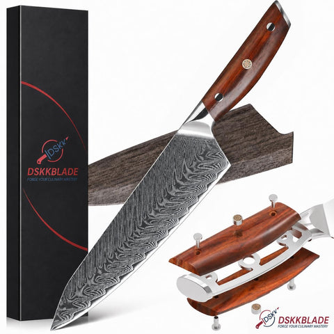 8.5 Inch Damascus Chef Knife, 67-Layer Steel Blade, Triple-Rivet Rosewood Handle, Gift Box