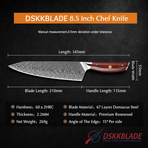 8.5 Inch Damascus Chef Knife, 67-Layer Steel Blade, Triple-Rivet Rosewood Handle, Gift Box