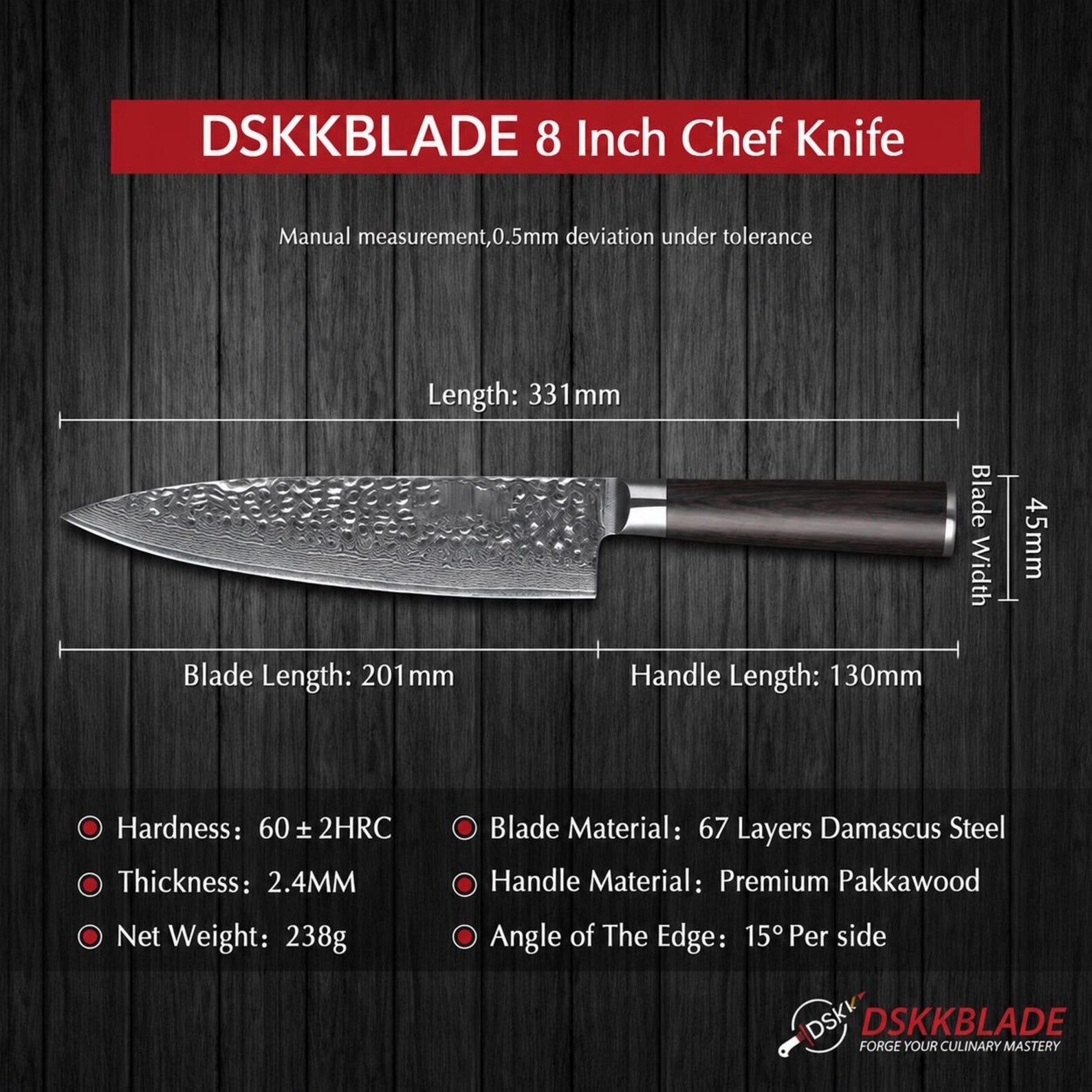 8 Inch Damascus Chef Knife, 67-Layer Steel Blade, Pakkawood Handle, Double Bevel