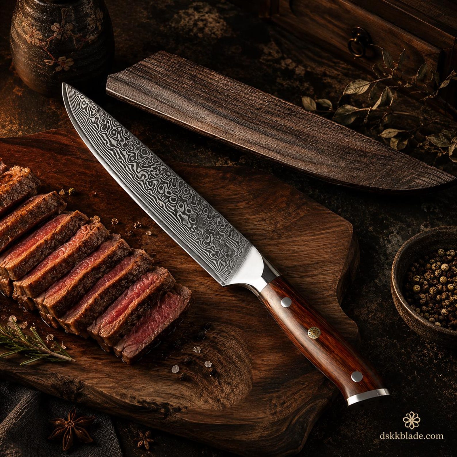 8 Inch Damascus Steel Carving Knife, Rosewood Triple Rivet Handle, Meat Slicing Kitchen Knife