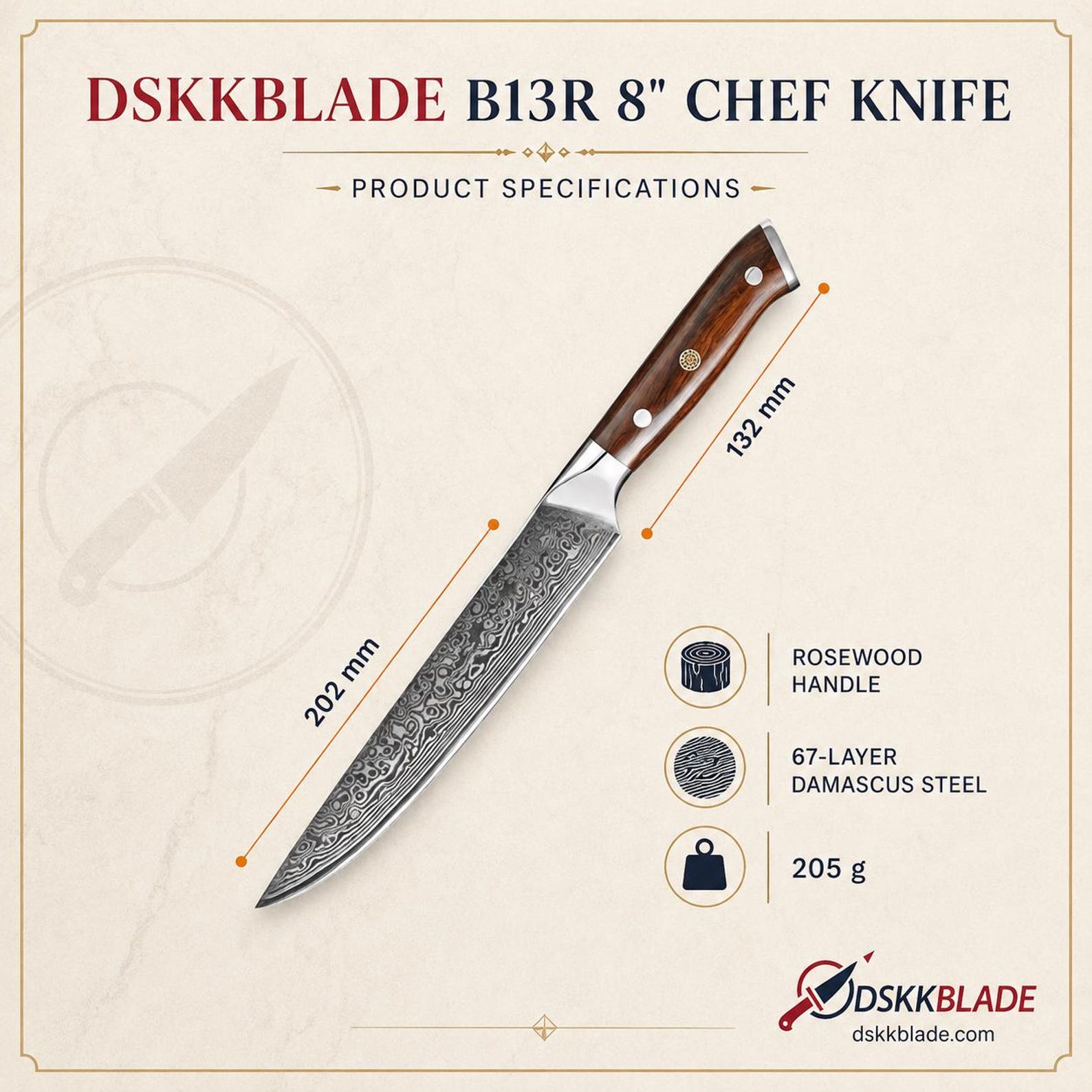 8 Inch Damascus Steel Carving Knife, Rosewood Triple Rivet Handle, Meat Slicing Kitchen Knife