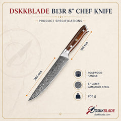 8 Inch Damascus Steel Carving Knife, Rosewood Triple Rivet Handle, Meat Slicing Kitchen Knife