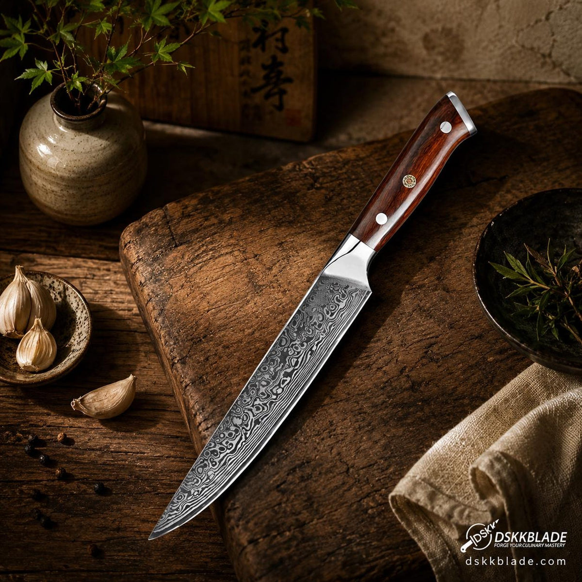 8 Inch Damascus Steel Carving Knife, Rosewood Triple Rivet Handle, Meat Slicing Kitchen Knife