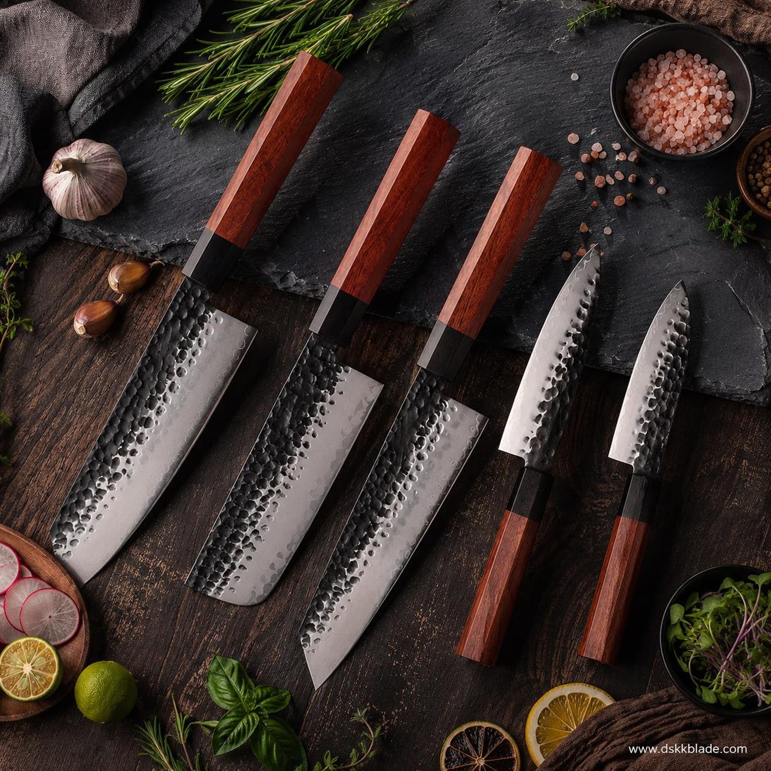 5 Piece Japanese San Mai Knife Set, AUS-10 Steel Chef, Kiritsuke, Nakiri, Boning Knives