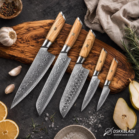5 Piece Damascus Kitchen Knife Set, Olive Wood Handle Chef Knives