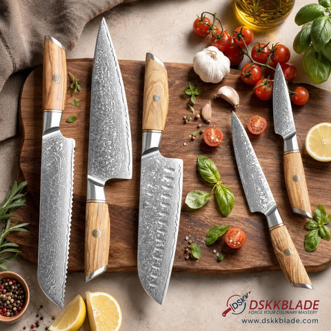5 Piece Damascus Kitchen Knife Set, Olive Wood Handle Chef Knives