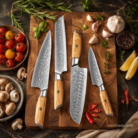5 Piece Damascus Kitchen Knife Set, Olive Wood Handle Chef Knives