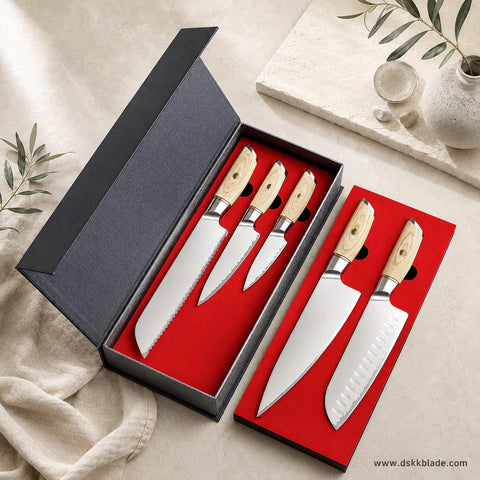 5 Piece Damascus Kitchen Knife Set, Olive Wood Handle Chef Knives