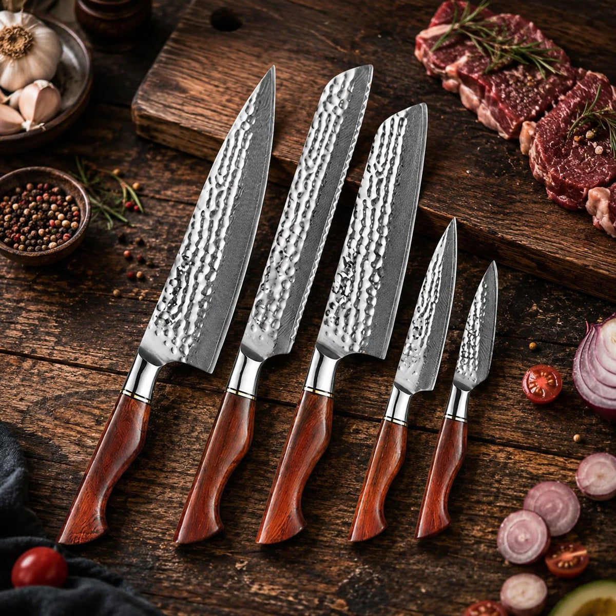 5 Piece Damascus Kitchen Knife Set, 73 Layer Powder Steel, Rosewood Handles