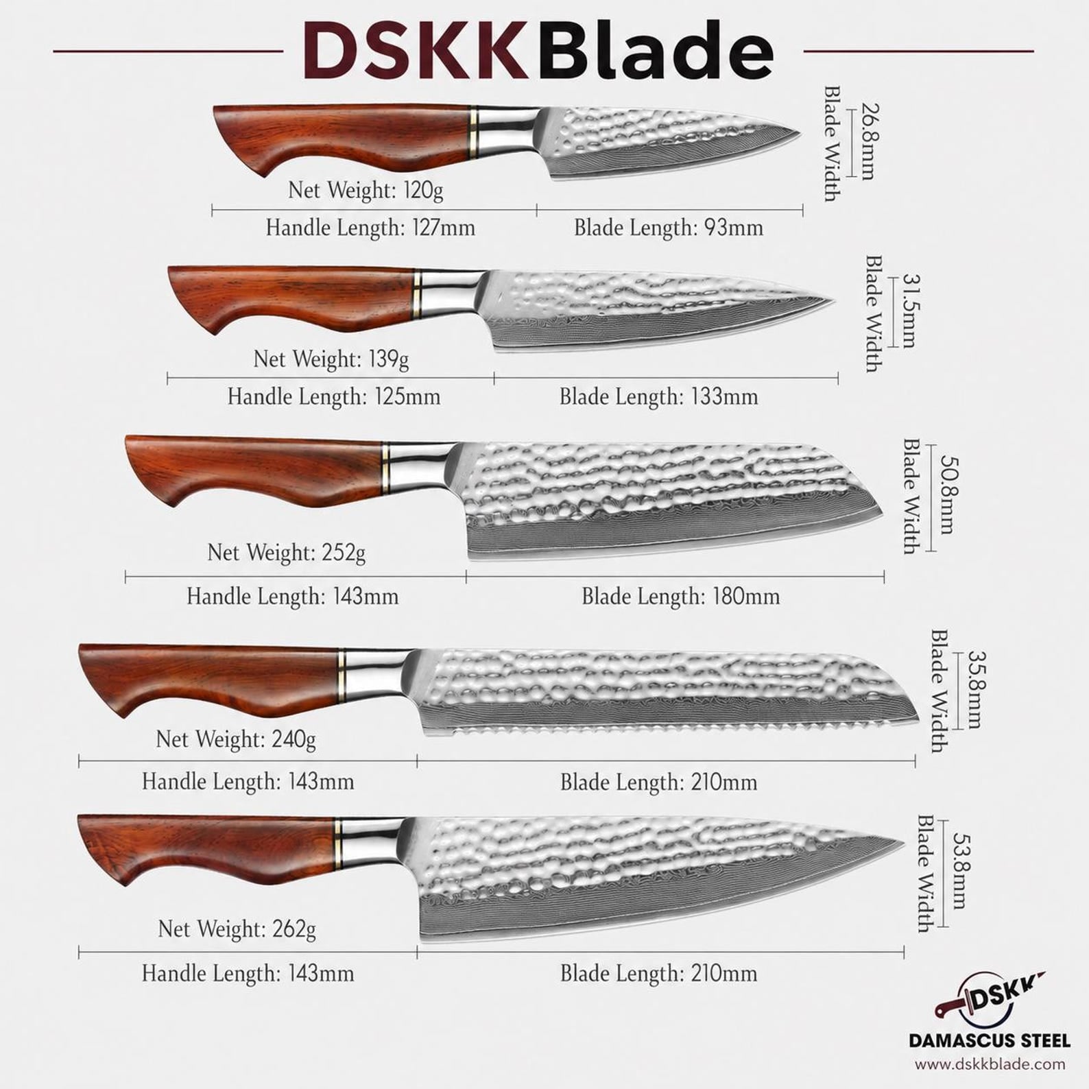 5 Piece Damascus Kitchen Knife Set, 73 Layer Powder Steel, Rosewood Handles