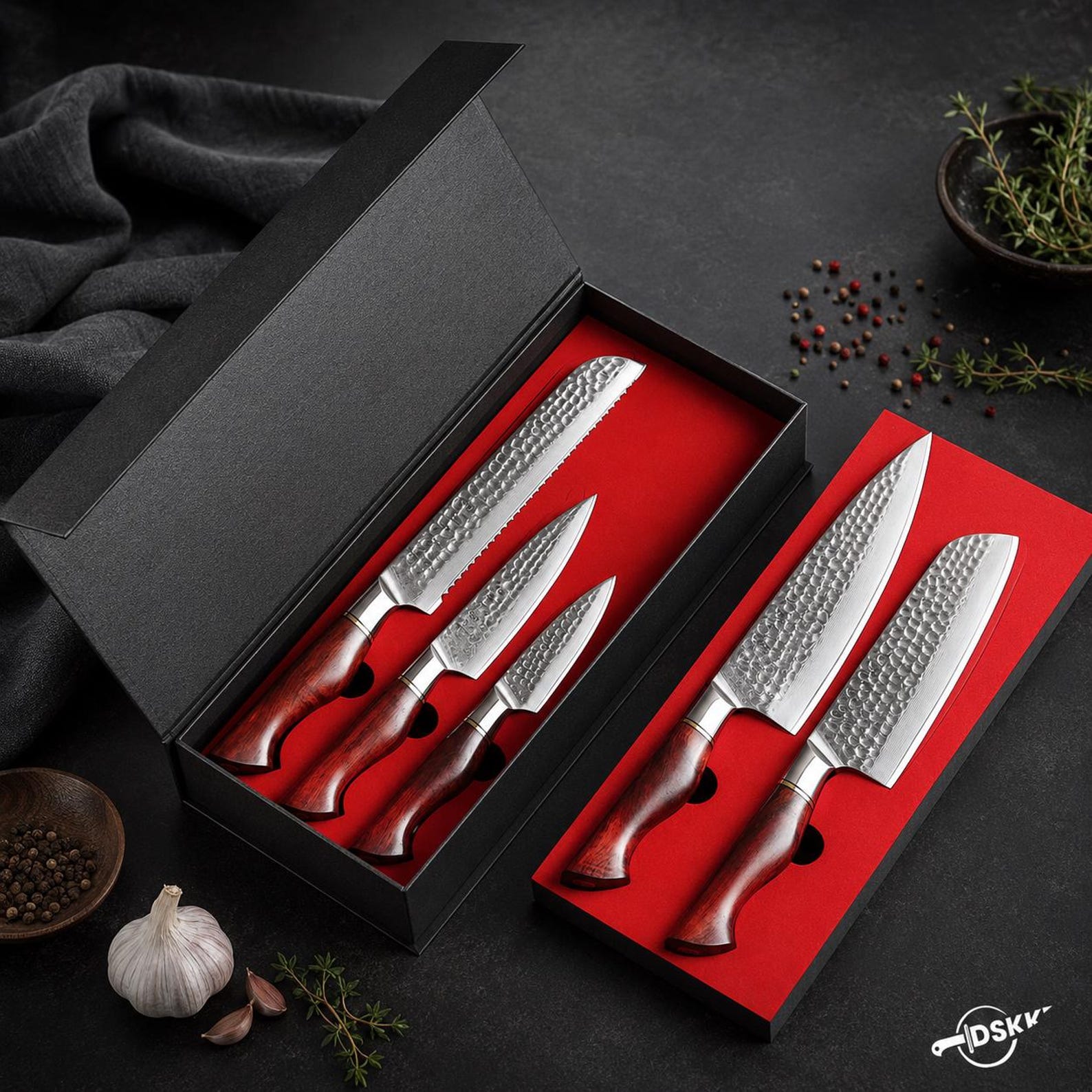 5 Piece Damascus Kitchen Knife Set, 73 Layer Powder Steel, Rosewood Handles