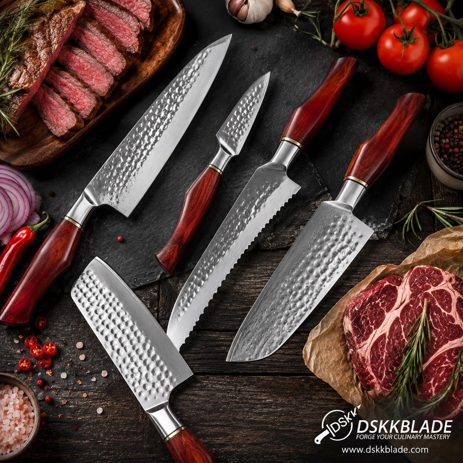 5 Piece Damascus Kitchen Knife Set, 73 Layer Powder Steel, Rosewood Handles