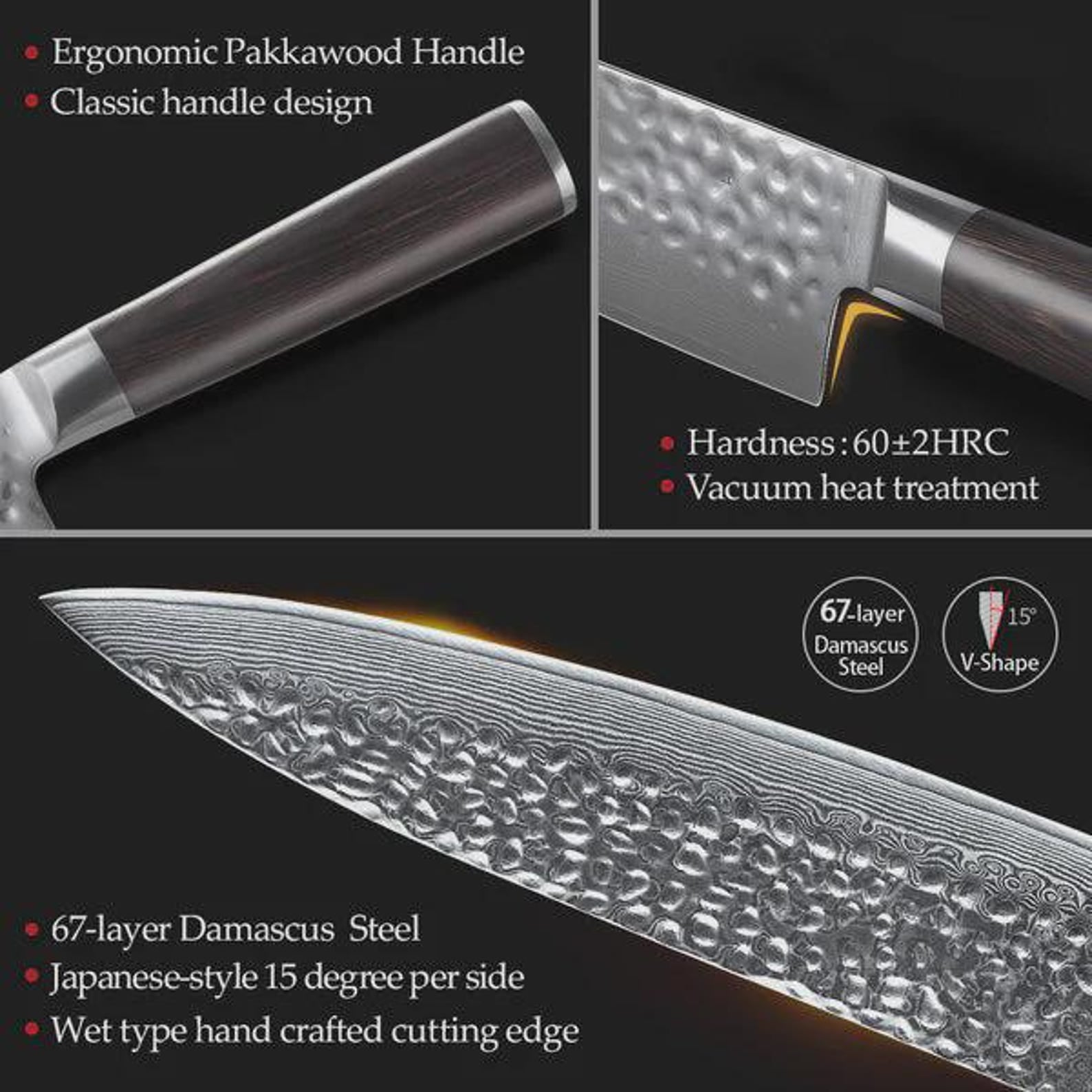 5 Piece Damascus Kitchen Knife Set, 67 Layer Chef Knife, Pakka Wood Handles