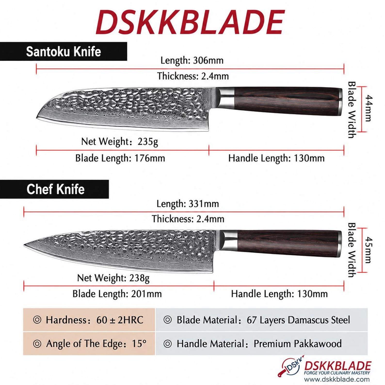 5 Piece Damascus Kitchen Knife Set, 67 Layer Chef Knife, Pakka Wood Handles